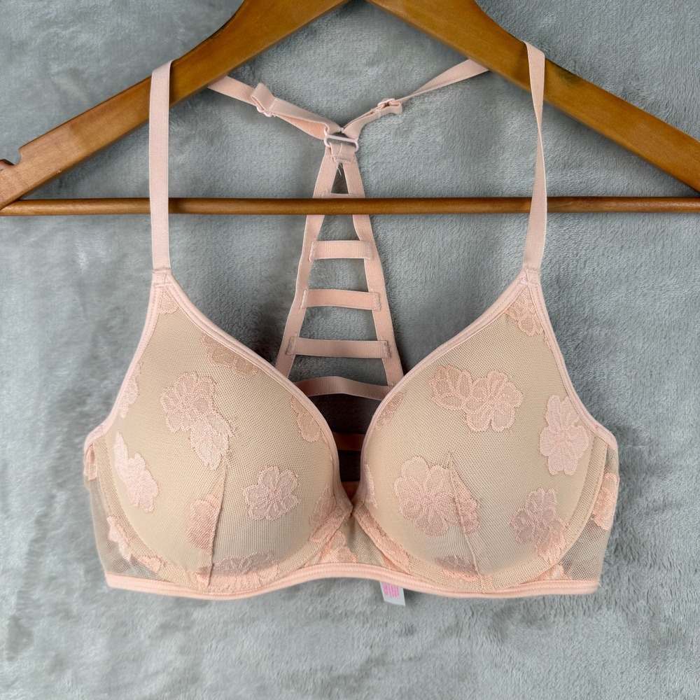 Victoria's Secret PINK Peach Floral Lace Cage Racerback Push Up Bra‎ 34C